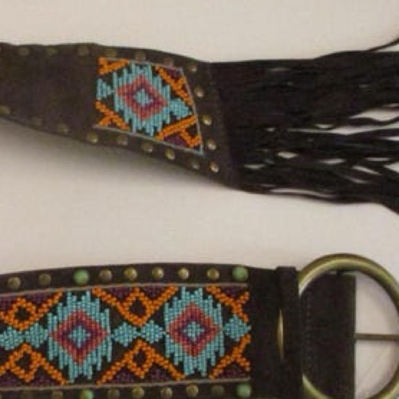 Tasha Polizzi Leather Fringe Belt seed beaded turquoise brass studs RTL 395 NWOT - Picture 7 of 8